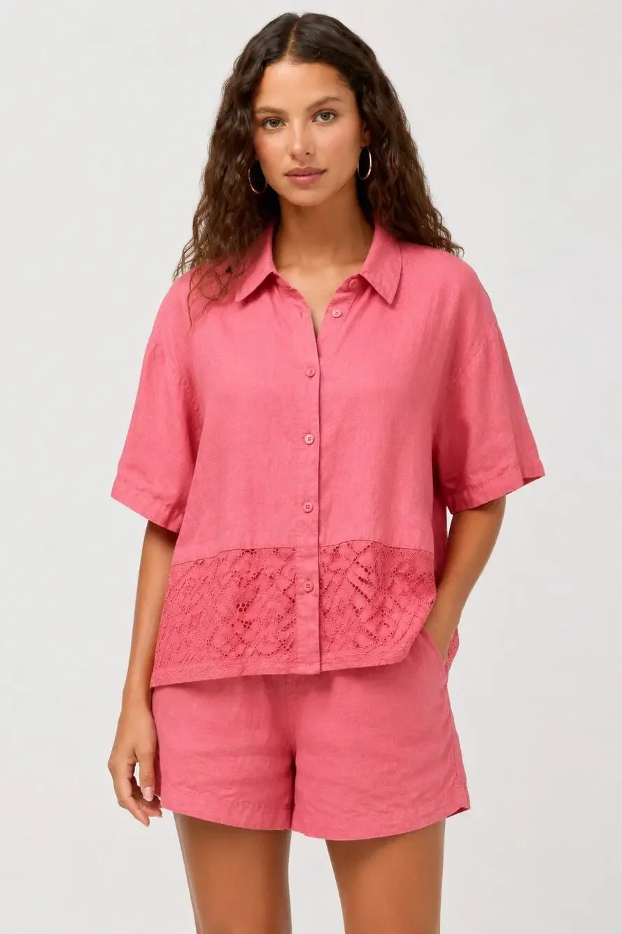Vintage Johnny Was Coral Pink 100% Linen Embroidered Two Piece Short Set Size L